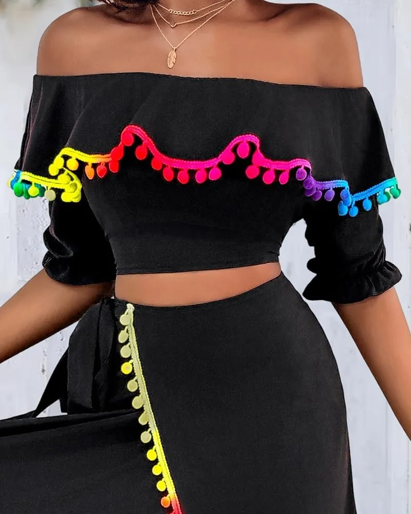ChicMe Womens Summer Maxi Dress Off The Shoulder Dip Hem Tassel Front Slit Dress Crop top and Skirt Set
