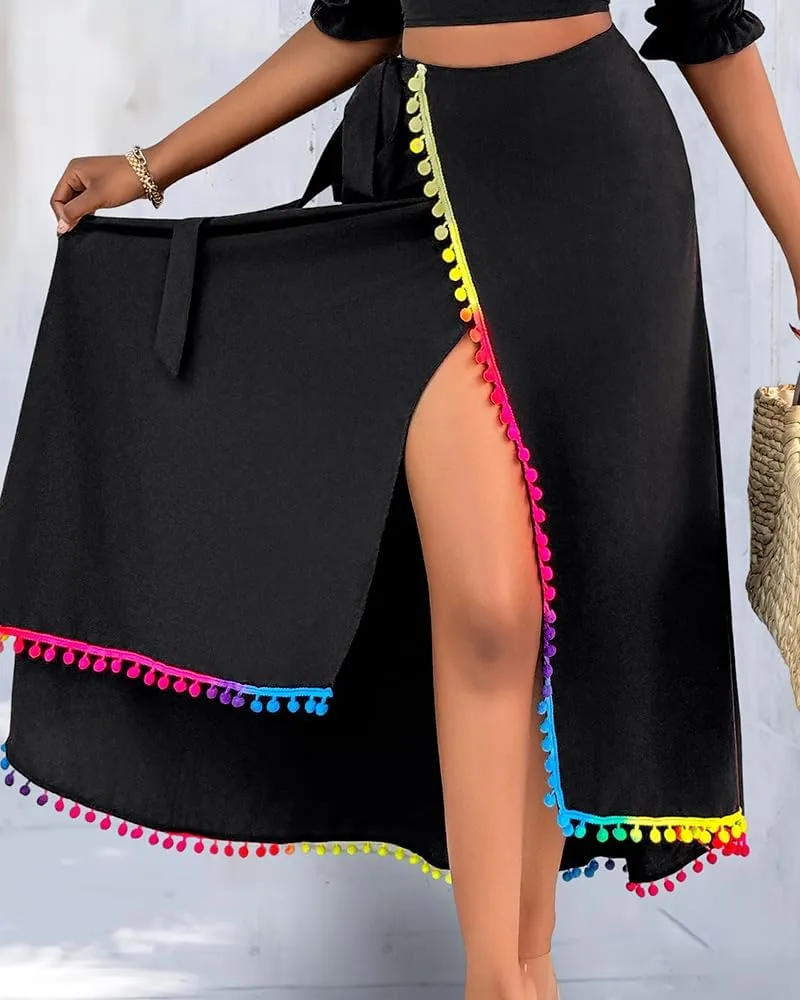 ChicMe Womens Summer Maxi Dress Off The Shoulder Dip Hem Tassel Front Slit Dress Crop top and Skirt Set