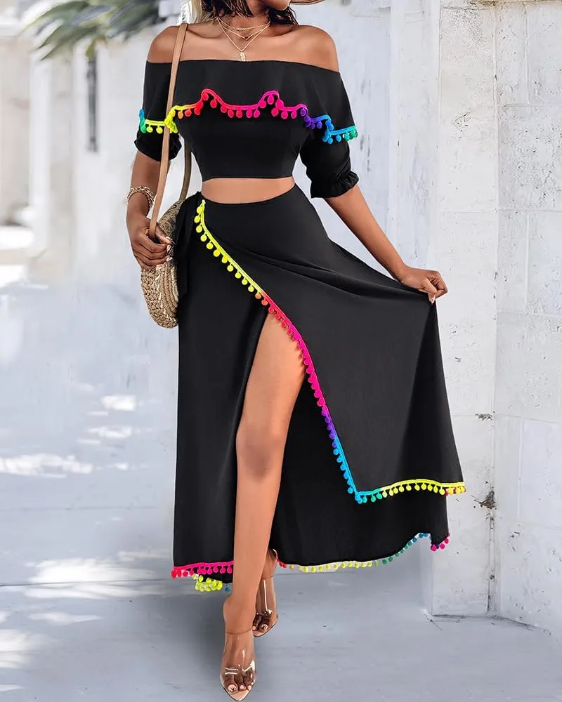 ChicMe Womens Summer Maxi Dress Off The Shoulder Dip Hem Tassel Front Slit Dress Crop top and Skirt Set