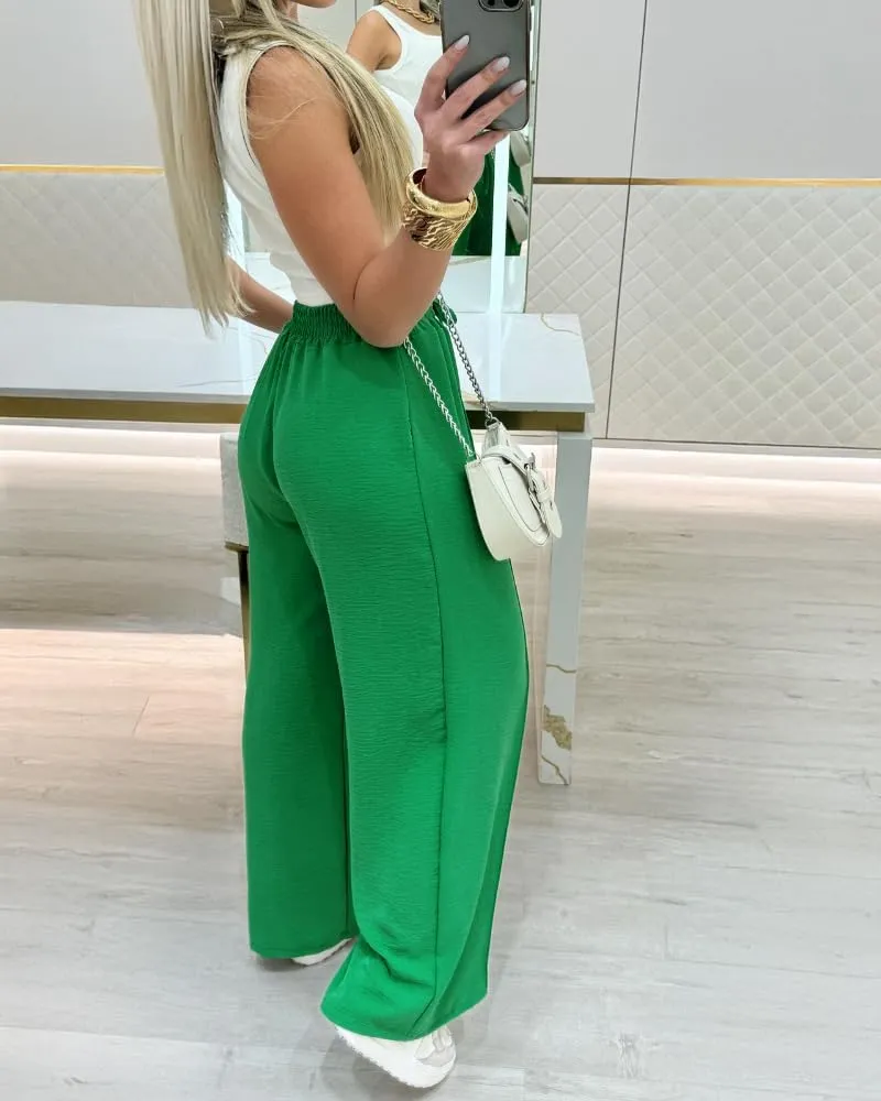 CHICME Women's Wide Leg Lounge Pants Drawstring Strechy High Waist Trousers Casual Loose Fit Palazzo Pants