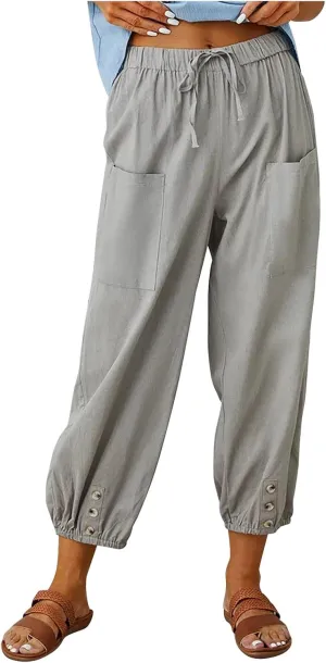 Cinch Bottom Cotton Linen Pants Women Summer Casual Beach Vacation Trousers Solid High Waist Drawstring Lounge Pant