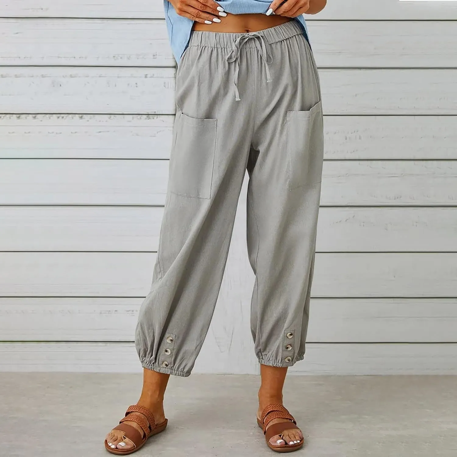 Cinch Bottom Cotton Linen Pants Women Summer Casual Beach Vacation Trousers Solid High Waist Drawstring Lounge Pant