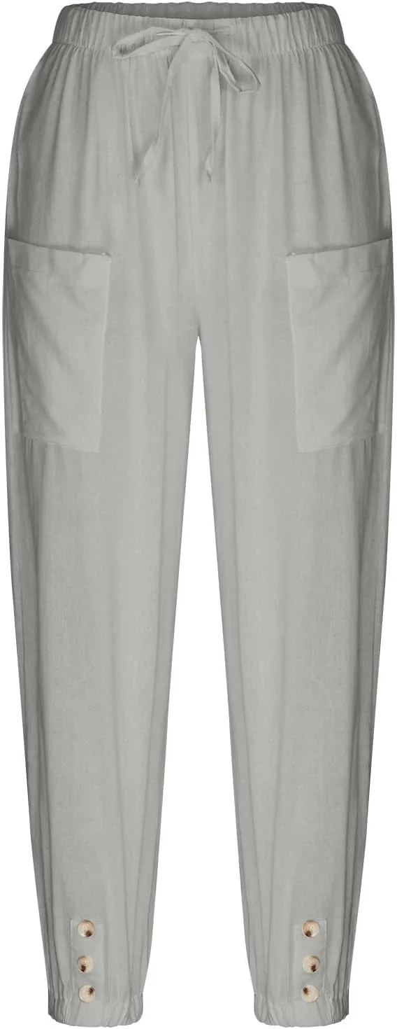 Cinch Bottom Cotton Linen Pants Women Summer Casual Beach Vacation Trousers Solid High Waist Drawstring Lounge Pant