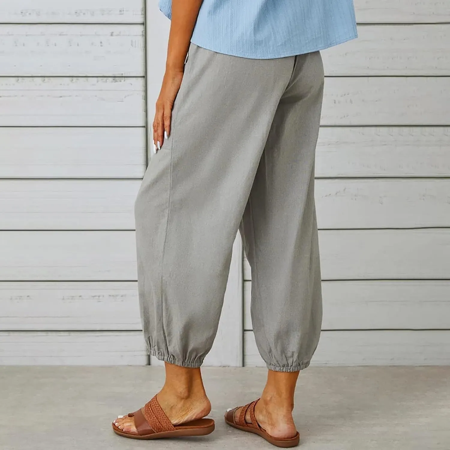 Cinch Bottom Cotton Linen Pants Women Summer Casual Beach Vacation Trousers Solid High Waist Drawstring Lounge Pant