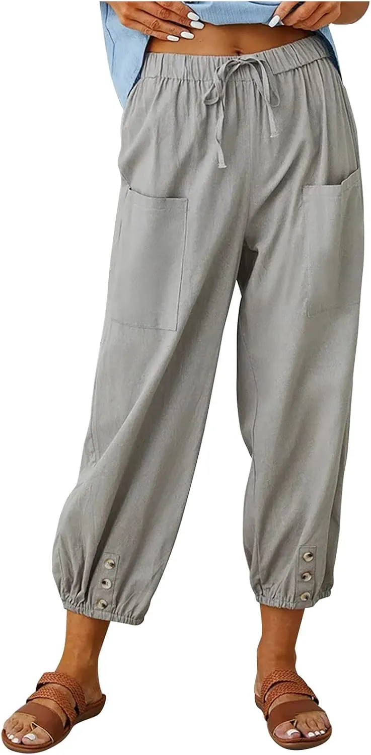 Cinch Bottom Cotton Linen Pants Women Summer Casual Beach Vacation Trousers Solid High Waist Drawstring Lounge Pant