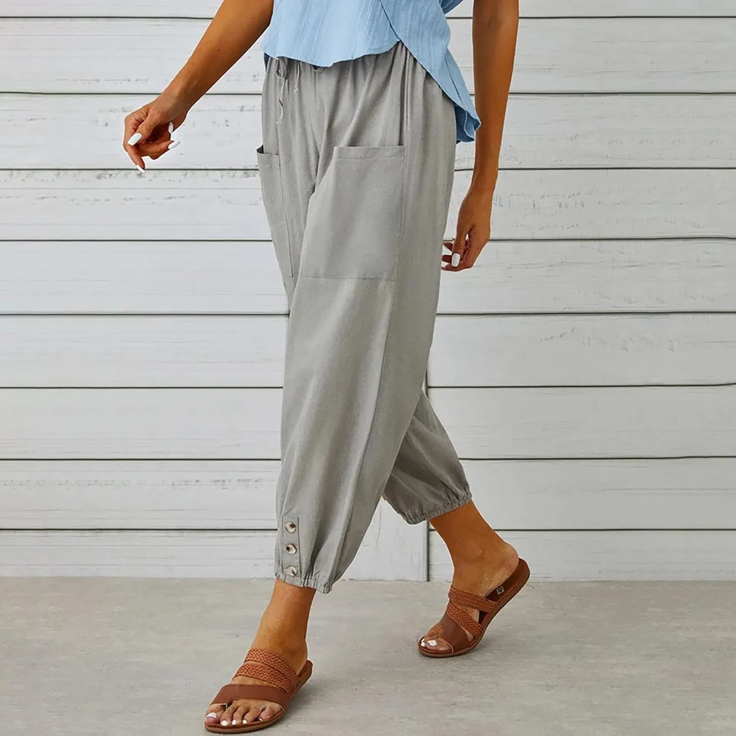 Cinch Bottom Cotton Linen Pants Women Summer Casual Beach Vacation Trousers Solid High Waist Drawstring Lounge Pant