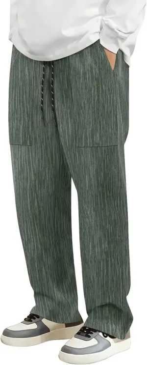 Corduroy Pants Men Casual Plain Baggy Summer Trousers Open Bottom Loose Drawstring Outdoor Elastic Waist Sweatpants