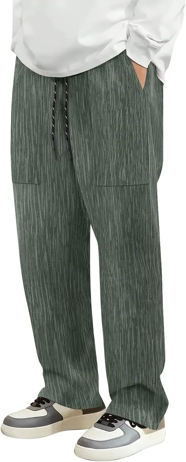 Corduroy Pants Men Casual Plain Baggy Summer Trousers Open Bottom Loose Drawstring Outdoor Elastic Waist Sweatpants