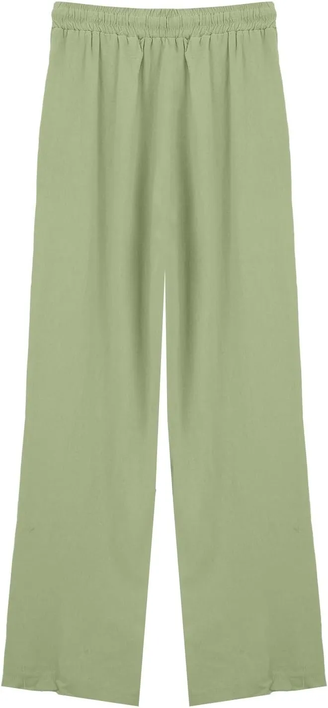 Cotton and Linen Pants for Women Summer Wide Leg Drawstring Flowy Trouses with Pocket Casual Vocation Beach Pant