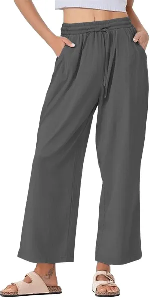 Cotton and Linen Pants for Women Summer Wide Leg Drawstring Flowy Trouses with Pocket Casual Vocation Beach Pant
