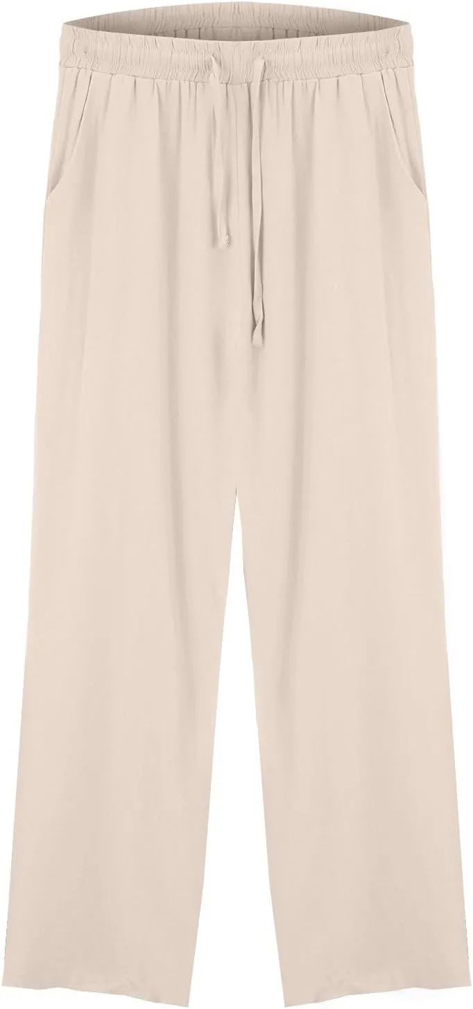 Cotton and Linen Pants for Women Summer Wide Leg Drawstring Flowy Trouses with Pocket Casual Vocation Beach Pant