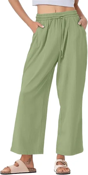 Cotton and Linen Pants for Women Summer Wide Leg Drawstring Flowy Trouses with Pocket Casual Vocation Beach Pant