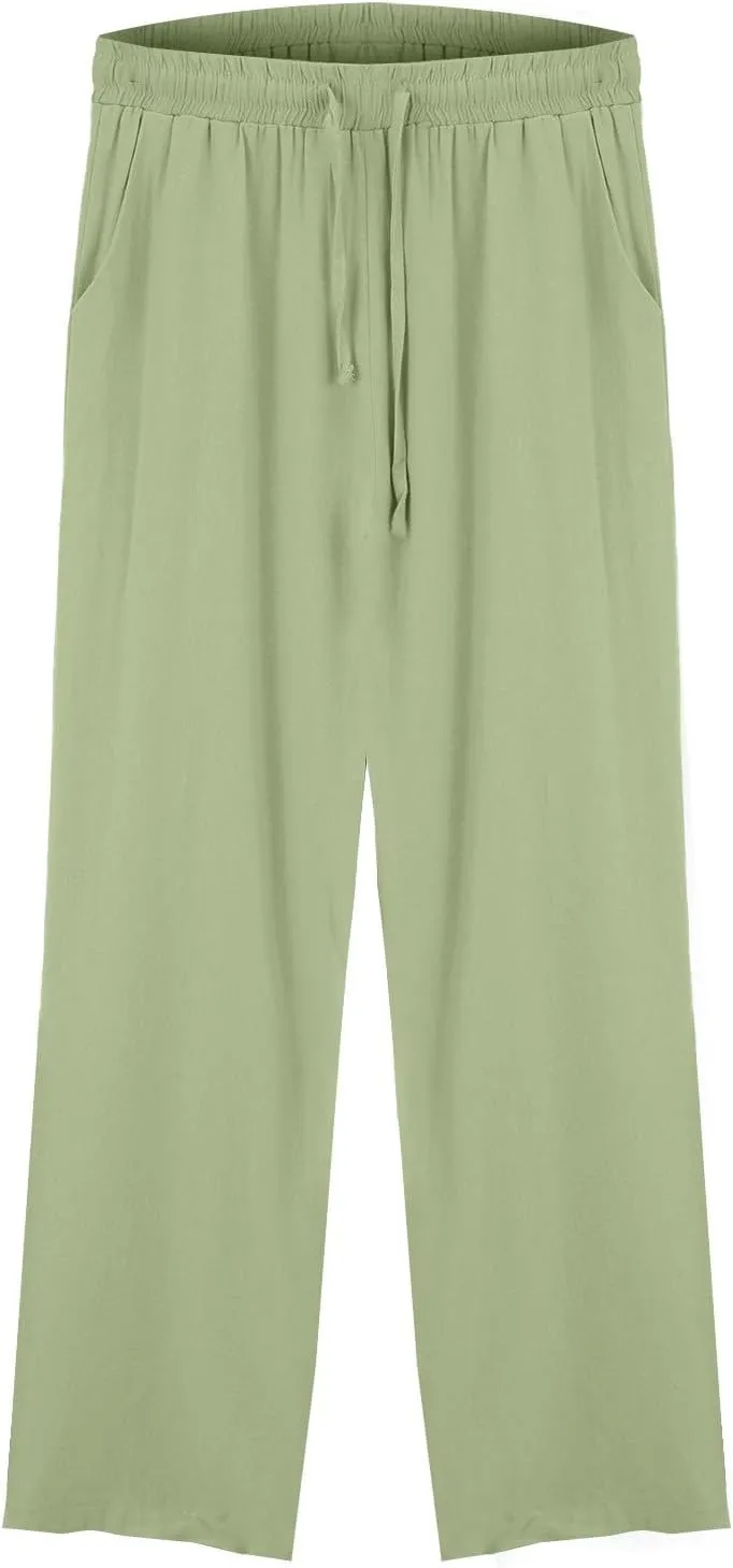 Cotton and Linen Pants for Women Summer Wide Leg Drawstring Flowy Trouses with Pocket Casual Vocation Beach Pant