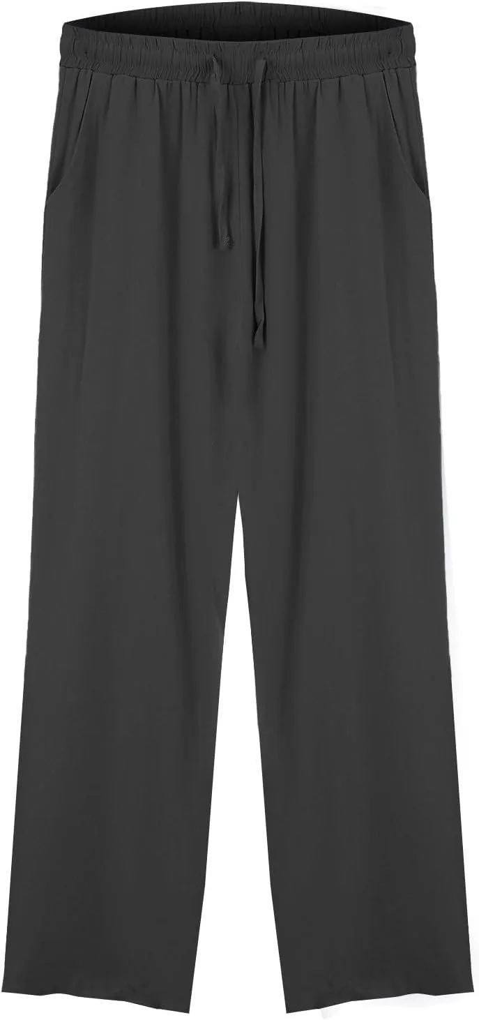 Cotton and Linen Pants for Women Summer Wide Leg Drawstring Flowy Trouses with Pocket Casual Vocation Beach Pant