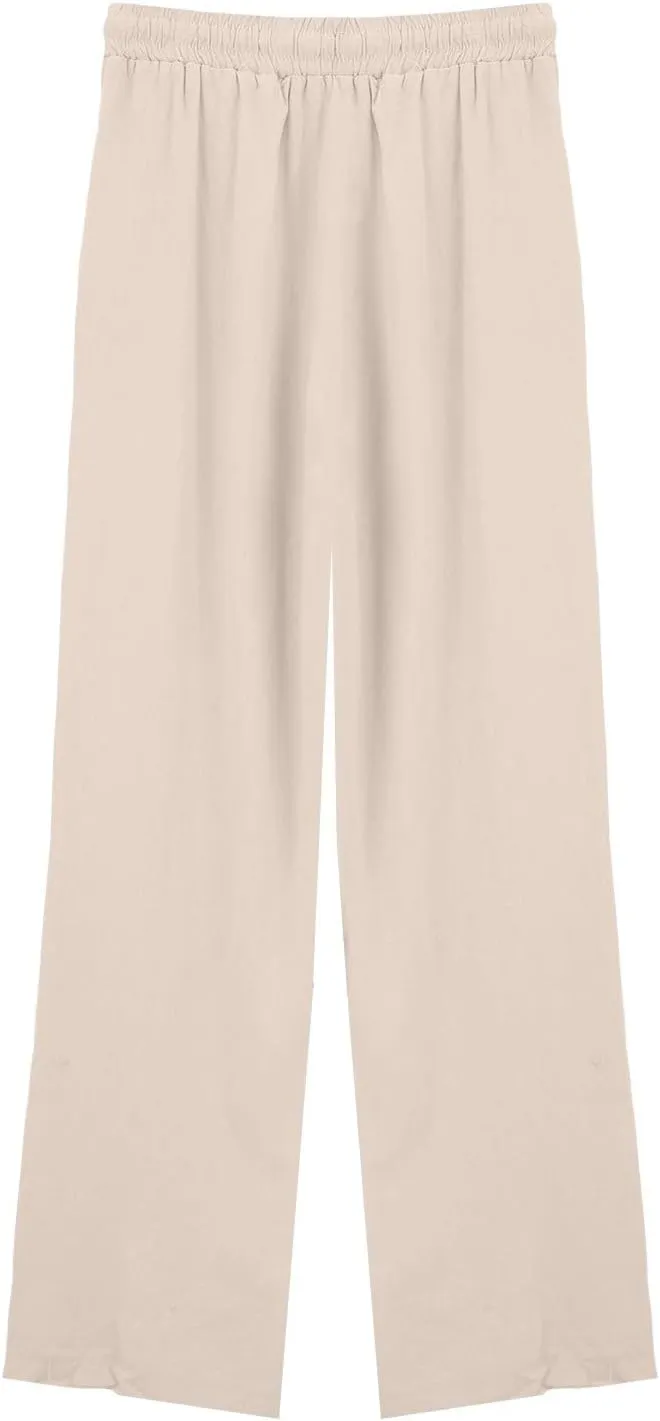 Cotton and Linen Pants for Women Summer Wide Leg Drawstring Flowy Trouses with Pocket Casual Vocation Beach Pant