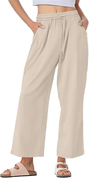 Cotton and Linen Pants for Women Summer Wide Leg Drawstring Flowy Trouses with Pocket Casual Vocation Beach Pant