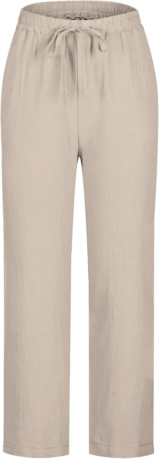Cotton Linen Straight Leg Pants Women Summer Loose Fit Drawstring Elastic Waist Trouser Resort Casual Beach Pant Plus