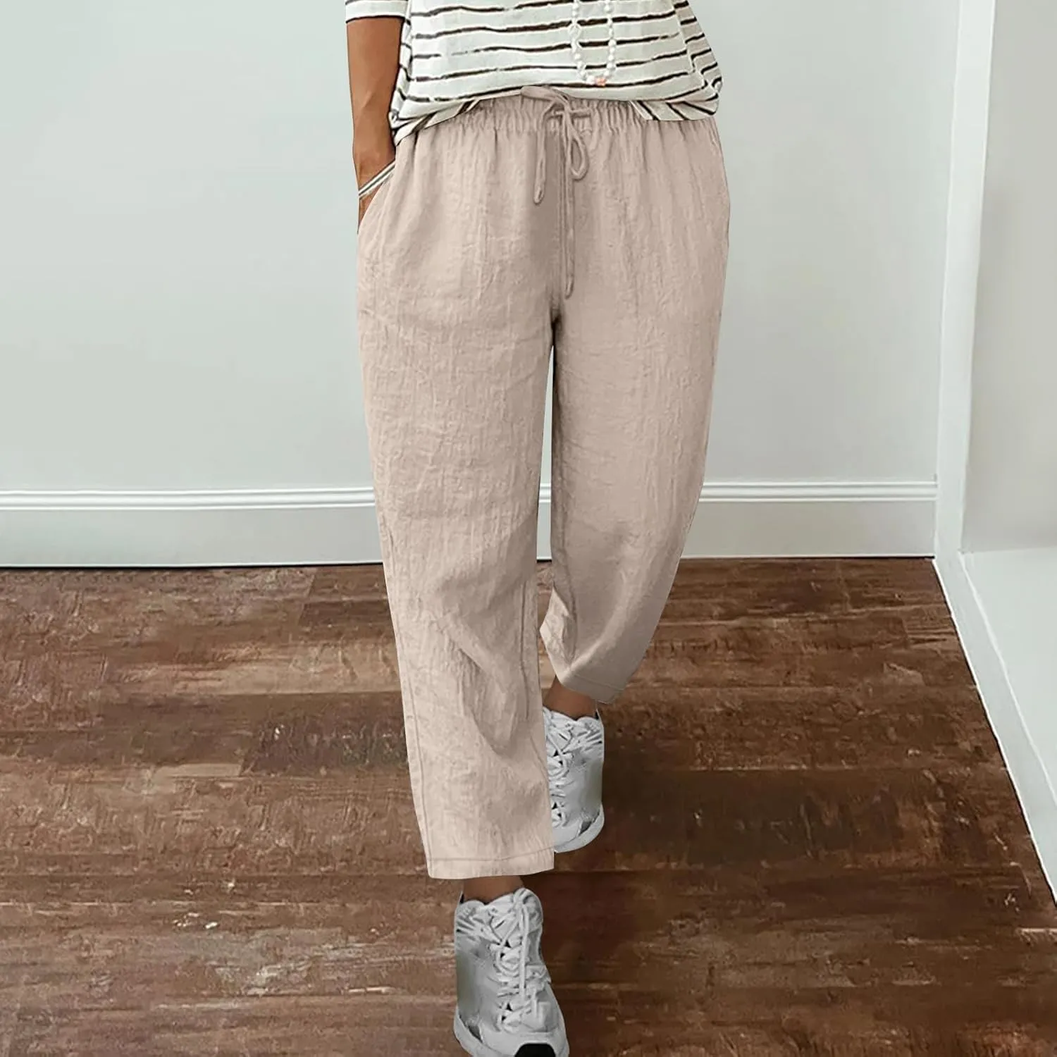 Cotton Linen Straight Leg Pants Women Summer Loose Fit Drawstring Elastic Waist Trouser Resort Casual Beach Pant Plus