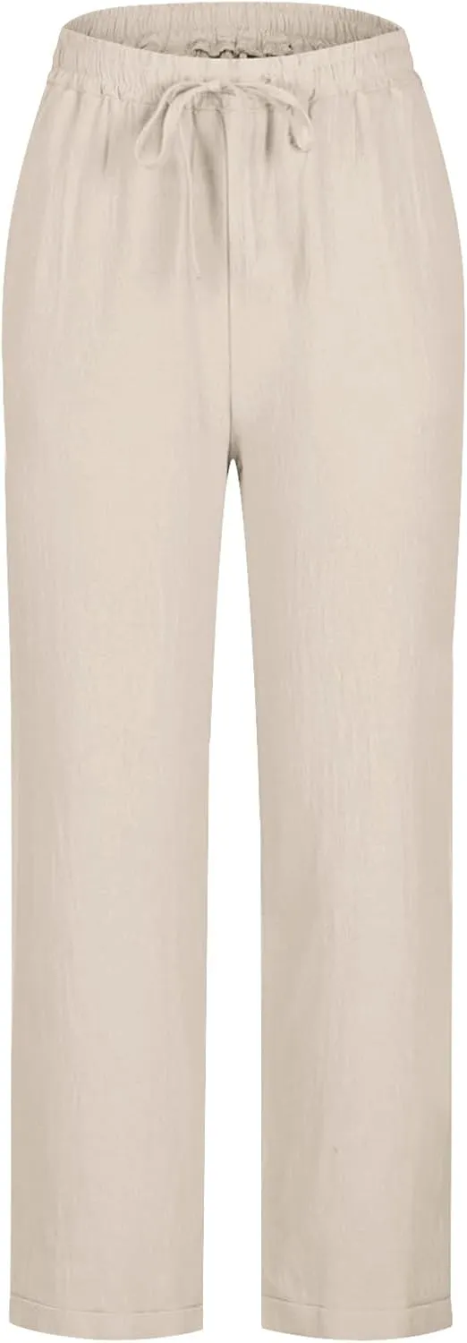 Cotton Linen Straight Leg Pants Women Summer Loose Fit Drawstring Elastic Waist Trouser Resort Casual Beach Pant Plus