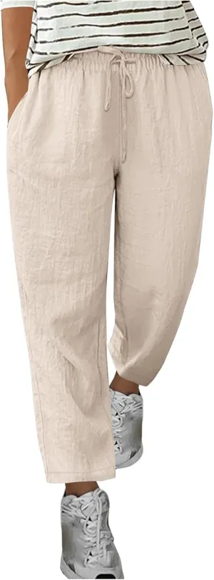 Cotton Linen Straight Leg Pants Women Summer Loose Fit Drawstring Elastic Waist Trouser Resort Casual Beach Pant Plus