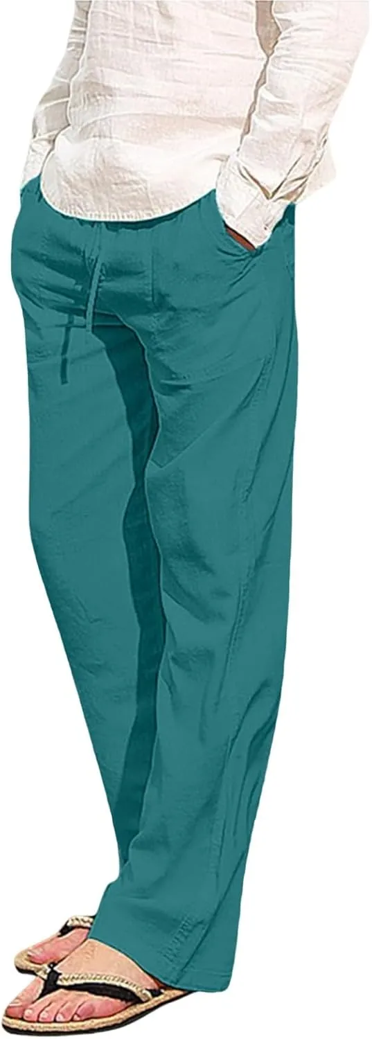 Cotton Linen Workout Pants for Men Breathable Comfy Trousers Summer Loose Fit Baggy Long Pant Hiking Gym Joggers Skinny Chinos Mens Activewear Leggings