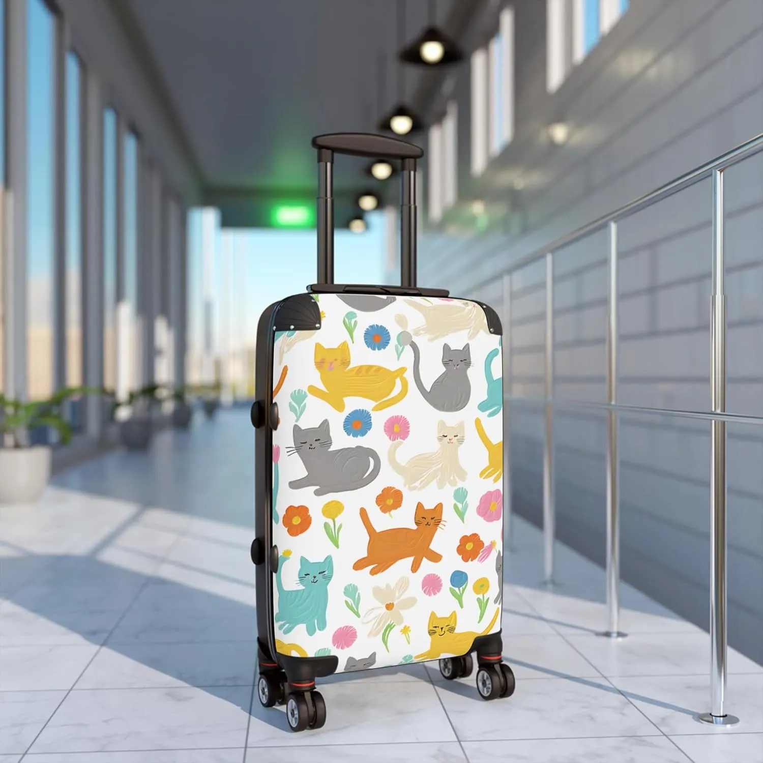 Cute Cat Print Suitcase with Spinner Wheels  Large 29" Floral Kitty Luggage  Lightweight, Durable, Hard Shell Travel Case for Women, Girls, and Cat Lovers