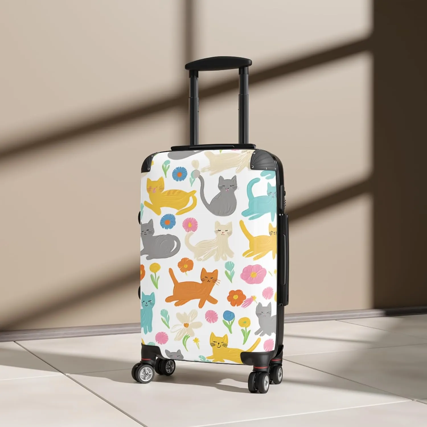 Cute Cat Print Suitcase with Spinner Wheels  Large 29" Floral Kitty Luggage  Lightweight, Durable, Hard Shell Travel Case for Women, Girls, and Cat Lovers