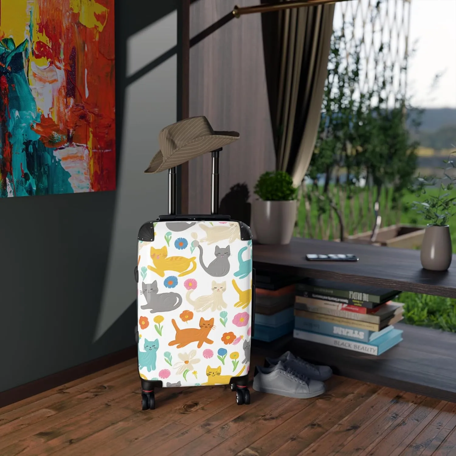 Cute Cat Print Suitcase with Spinner Wheels  Large 29" Floral Kitty Luggage  Lightweight, Durable, Hard Shell Travel Case for Women, Girls, and Cat Lovers
