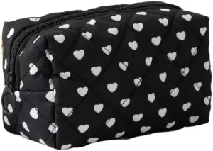 Cute Heart Patterns Makeup Bag Y2K Coquette Quilted Cosmetic Pouch Girly Fairy Puffy Purse Preppy Aesthetic Organizer (Black,Medium)