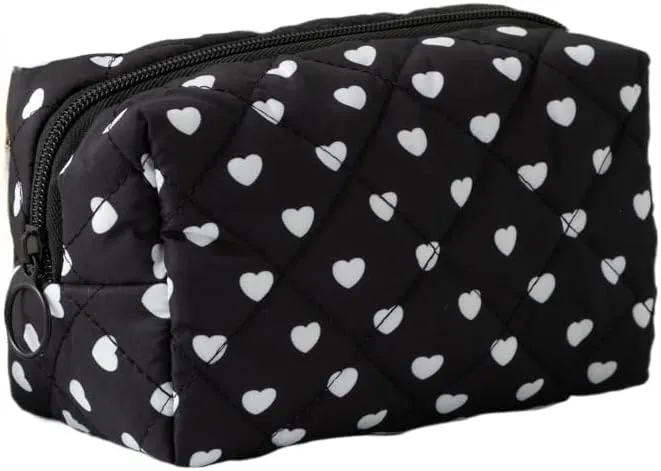 Cute Heart Patterns Makeup Bag Y2K Coquette Quilted Cosmetic Pouch Girly Fairy Puffy Purse Preppy Aesthetic Organizer (Black,Medium)