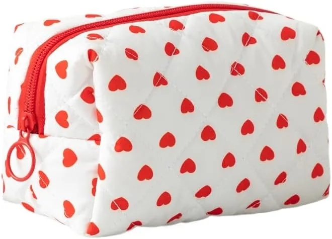 Cute Heart Patterns Makeup Bag Y2K Coquette Quilted Cosmetic Pouch Girly Fairy Puffy Purse Preppy Aesthetic Organizer (Red,Medium)