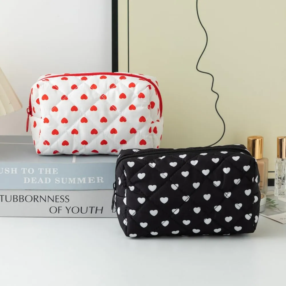 Cute Heart Patterns Makeup Bag Y2K Coquette Quilted Cosmetic Pouch Girly Fairy Puffy Purse Preppy Aesthetic Organizer (Red,Medium)