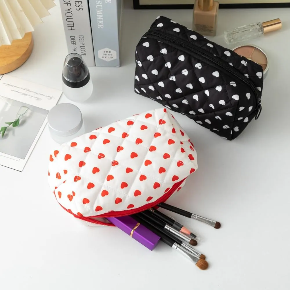 Cute Heart Patterns Makeup Bag Y2K Coquette Quilted Cosmetic Pouch Girly Fairy Puffy Purse Preppy Aesthetic Organizer (Red,Medium)