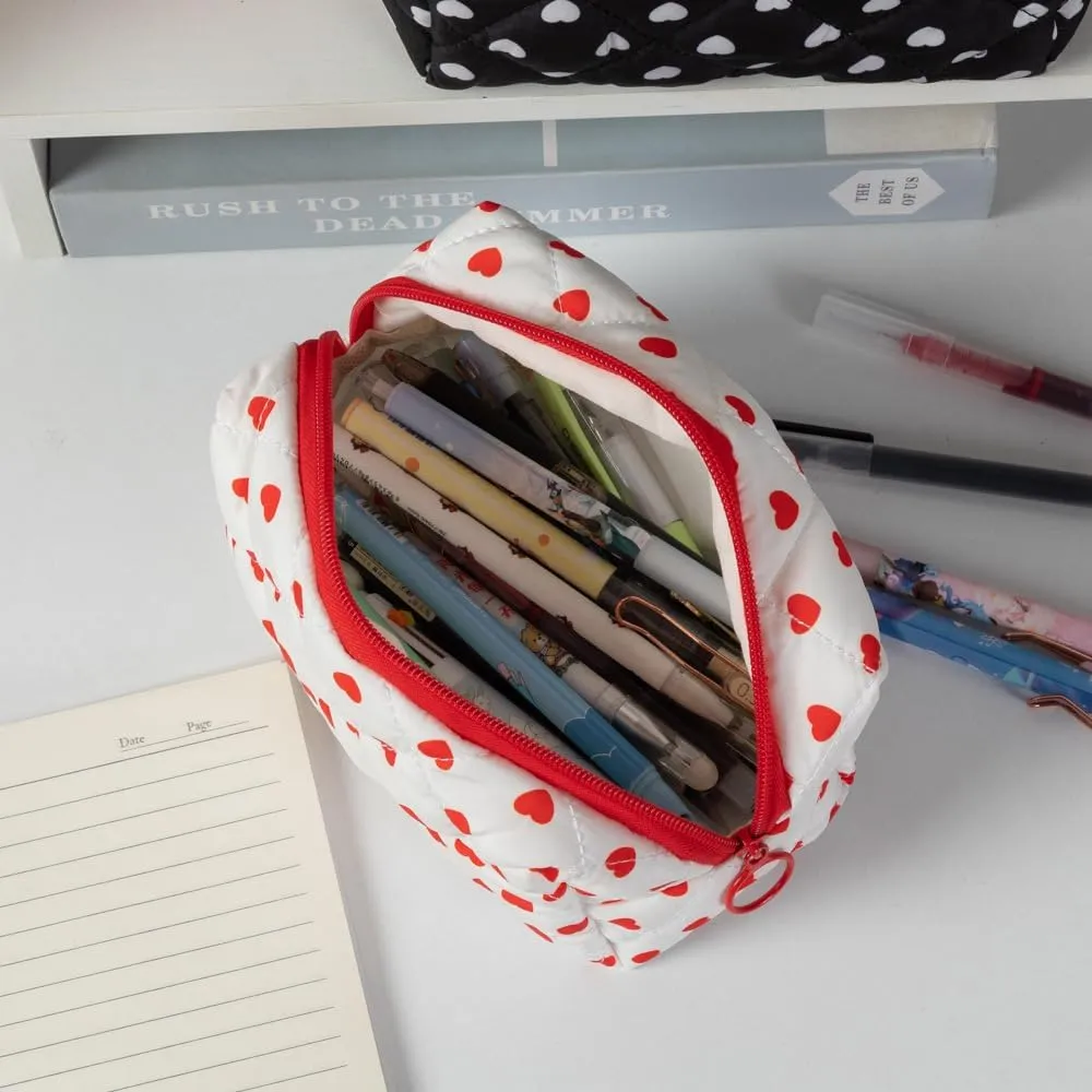 Cute Heart Patterns Makeup Bag Y2K Coquette Quilted Cosmetic Pouch Girly Fairy Puffy Purse Preppy Aesthetic Organizer (Red,Medium)