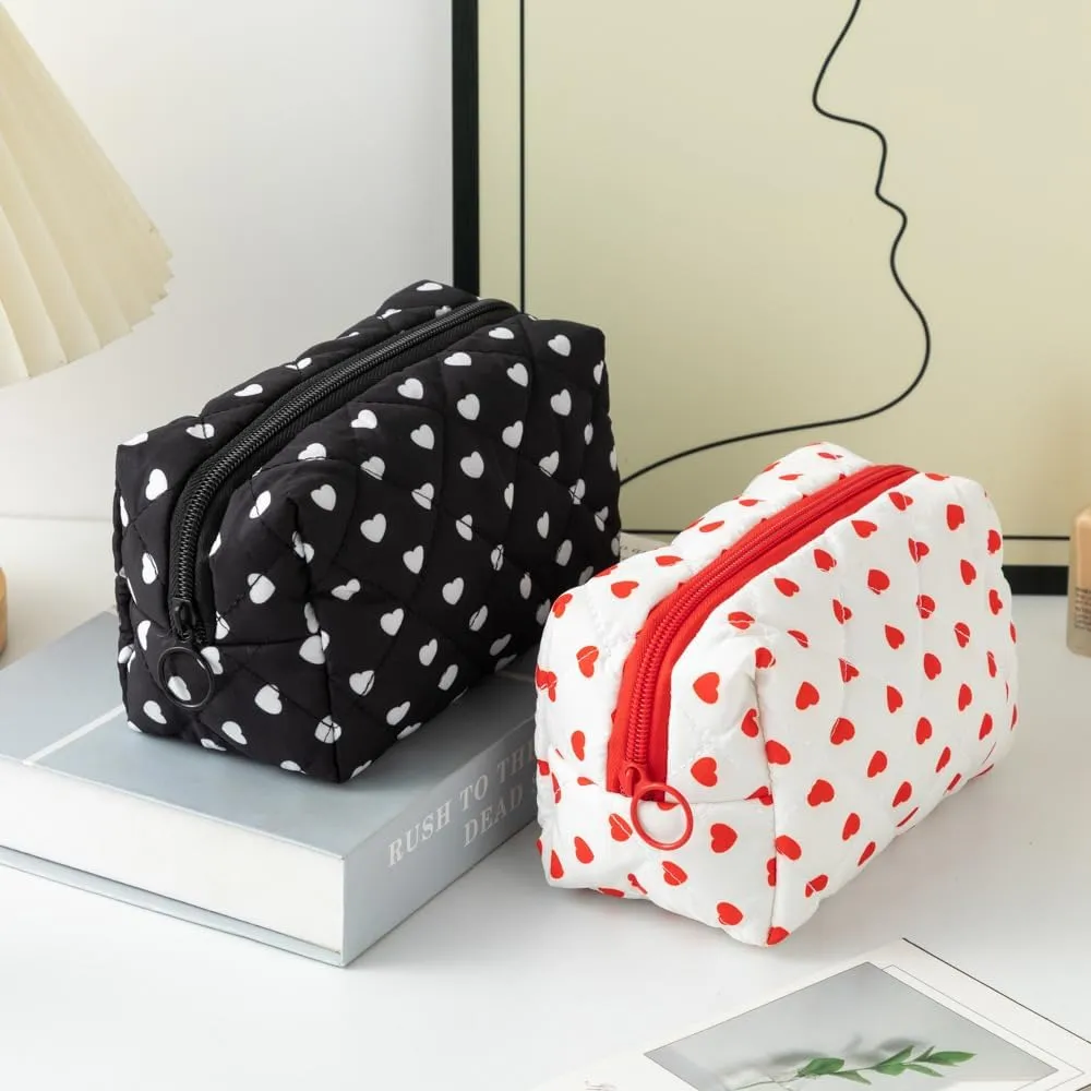 Cute Heart Patterns Makeup Bag Y2K Coquette Quilted Cosmetic Pouch Girly Fairy Puffy Purse Preppy Aesthetic Organizer (Red,Medium)