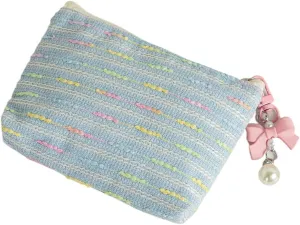 Cute Quilted Makeup Bag Y2K Aesthetic Colorful Striped Pouch Girls Cottagecore Period Kit Bag Coquette Mid-day Clutch (Blue)