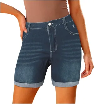 Denim Shorts Women High Waisted Stretchy Rolled Hem Jean Shorts Straight Leg Baggy Casual Y2K Jorts Short with Pocket