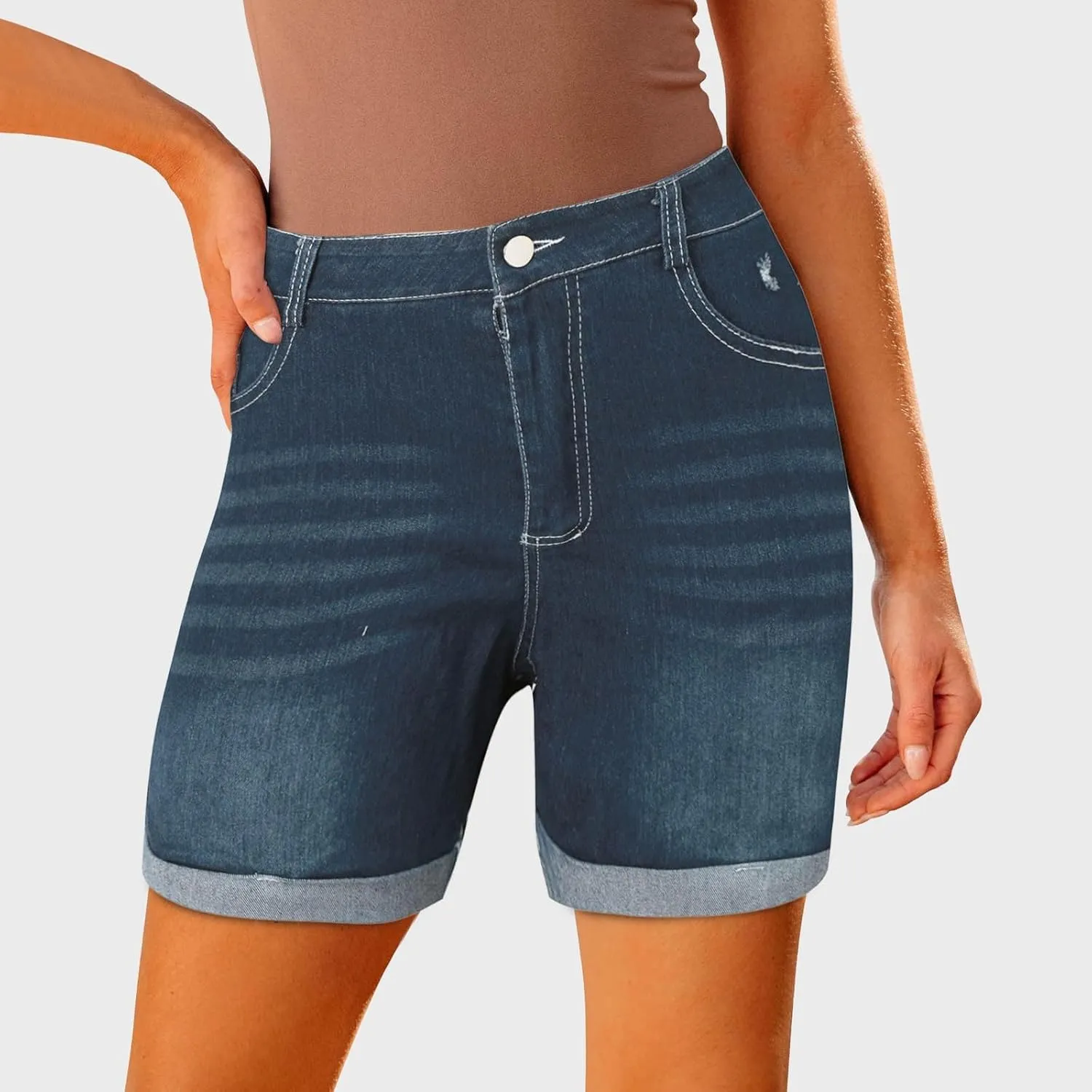 Denim Shorts Women High Waisted Stretchy Rolled Hem Jean Shorts Straight Leg Baggy Casual Y2K Jorts Short with Pocket
