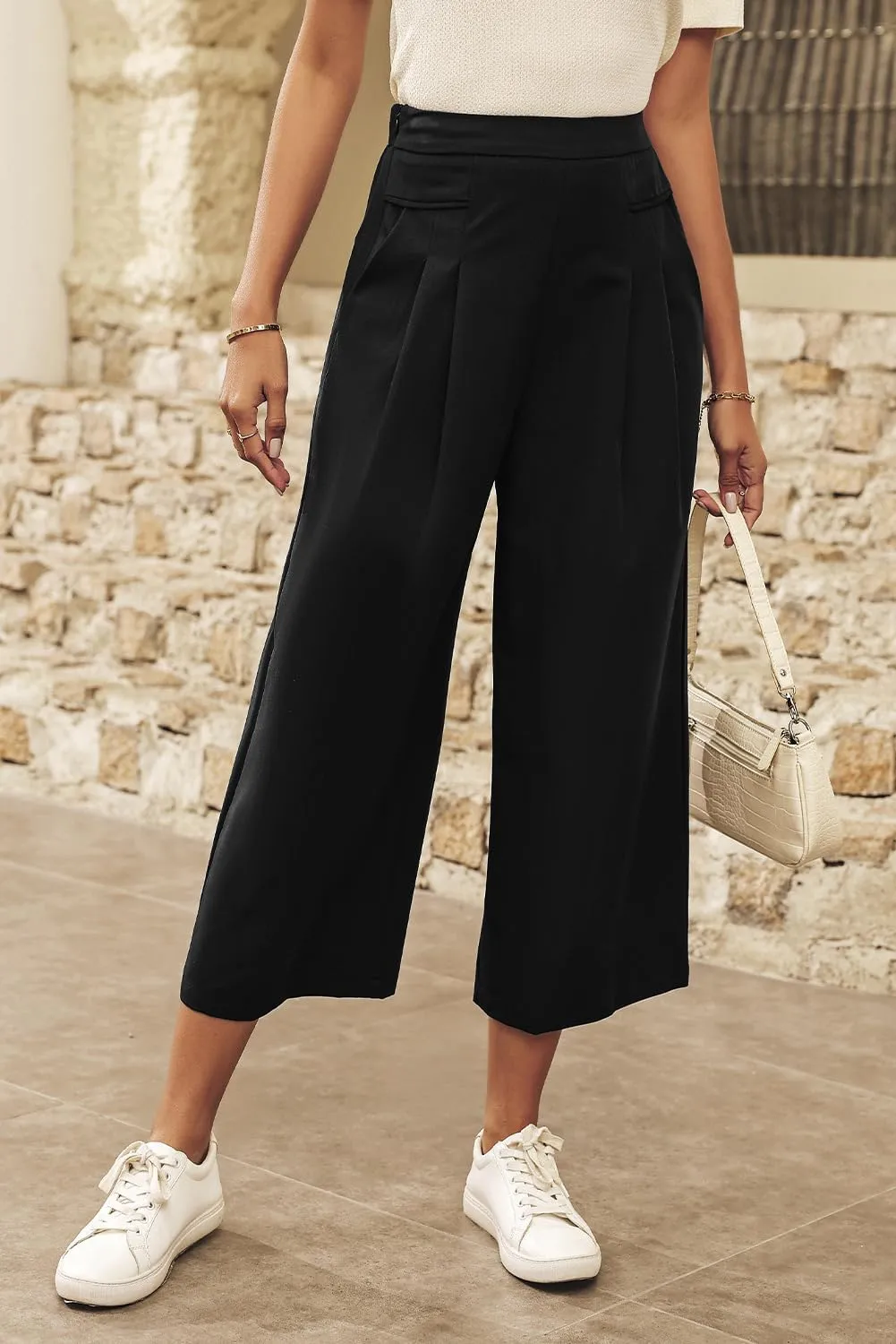 Dokotoo Womens Wide Leg Cropped Suit Pants Work Business Palazzo Summer Pleated Waisted Side Zipper Up Trousers with Pockets
