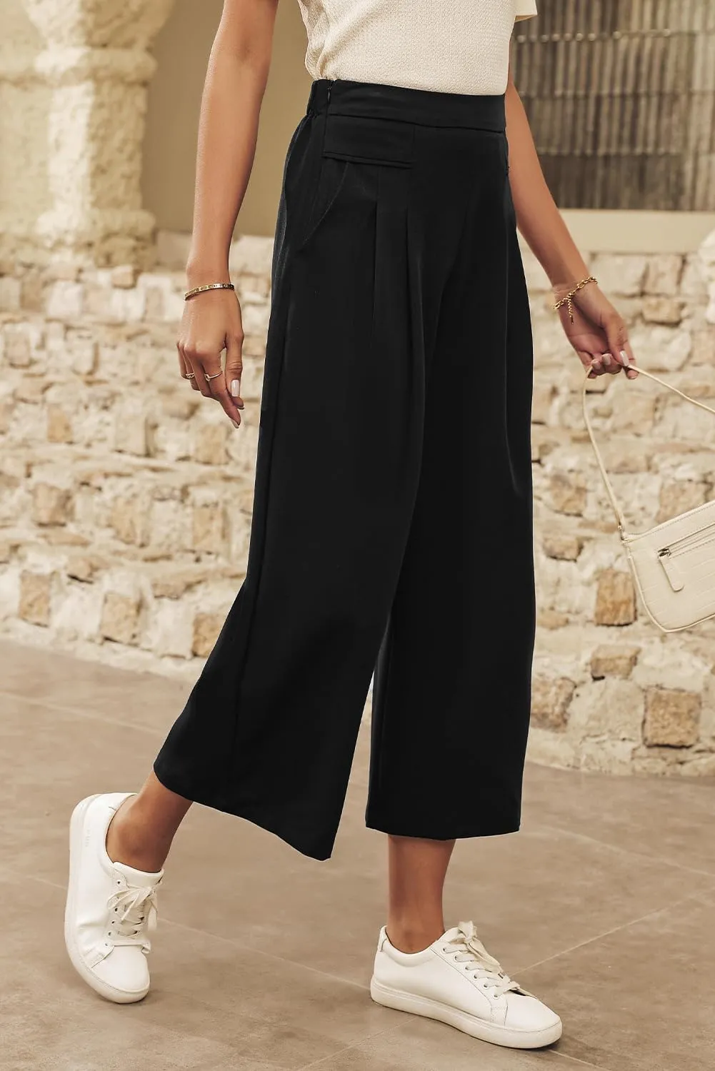 Dokotoo Womens Wide Leg Cropped Suit Pants Work Business Palazzo Summer Pleated Waisted Side Zipper Up Trousers with Pockets
