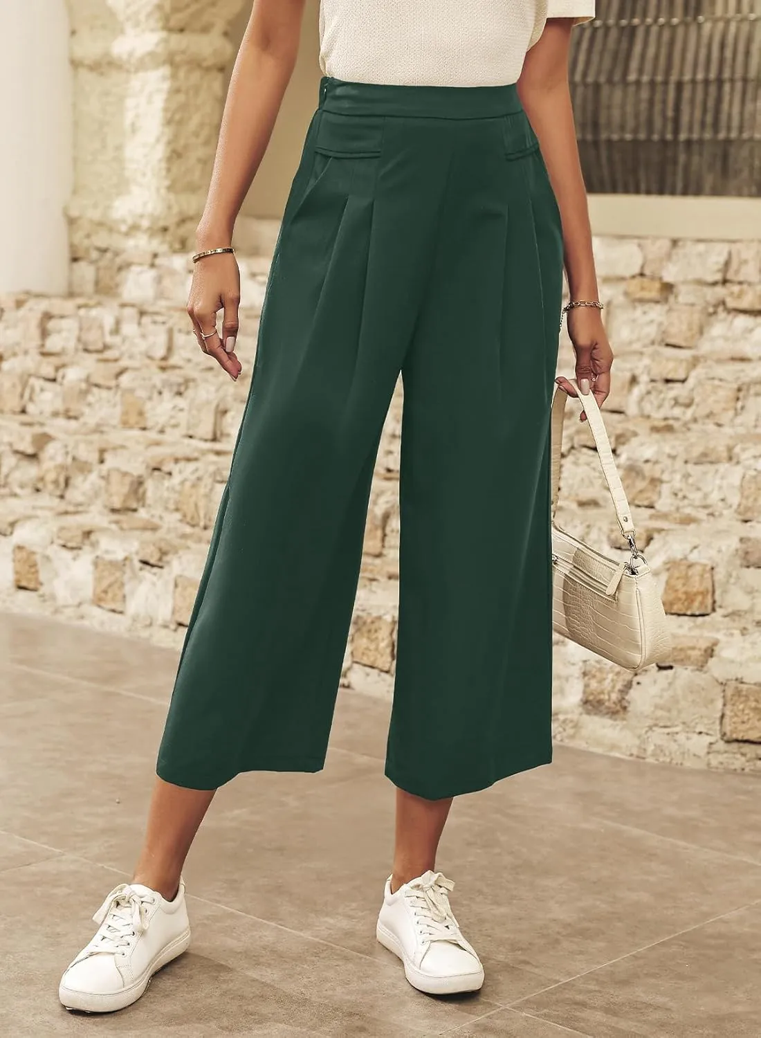 Dokotoo Womens Wide Leg Cropped Suit Pants Work Business Palazzo Summer Pleated Waisted Side Zipper Up Trousers with Pockets