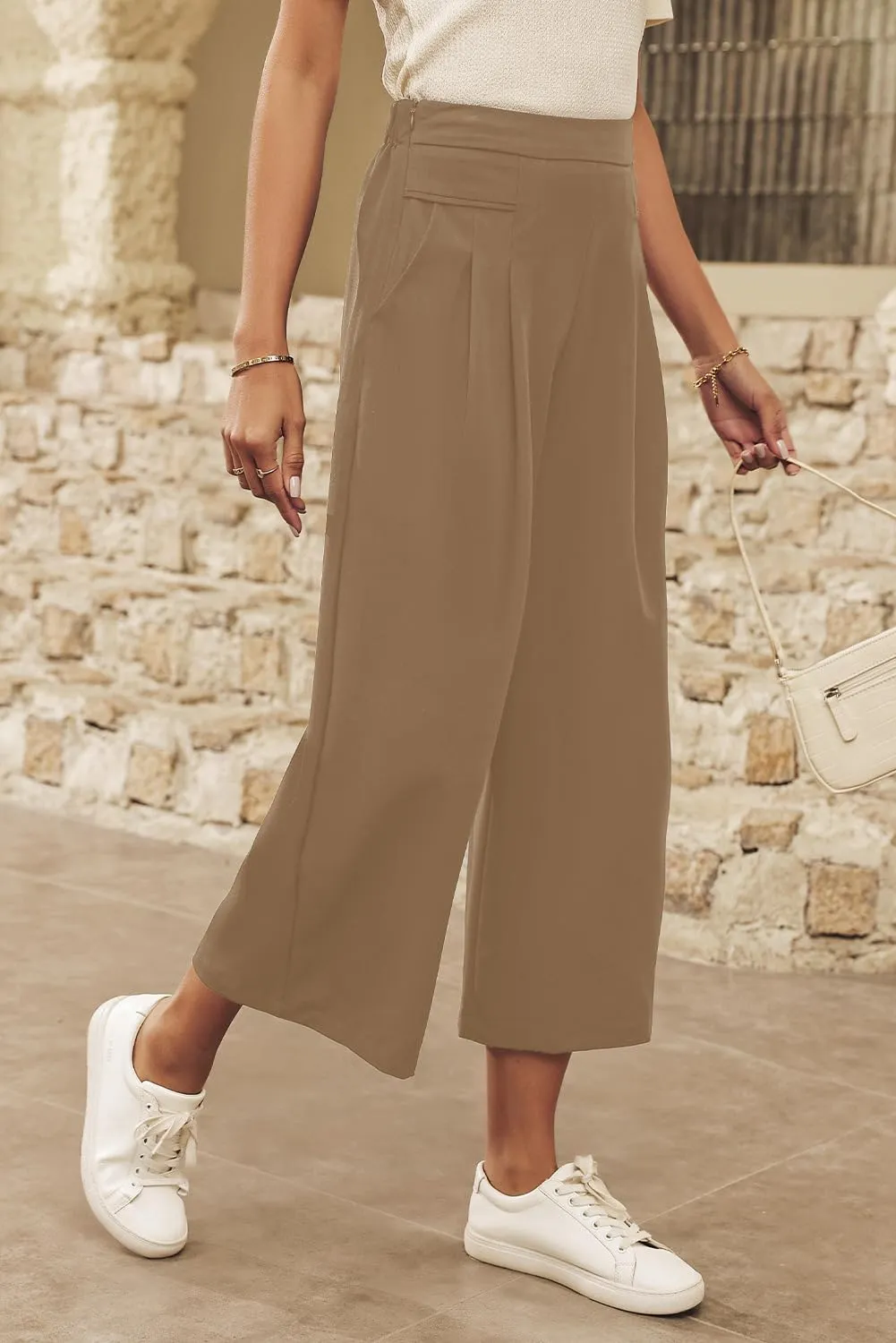 Dokotoo Womens Wide Leg Cropped Suit Pants Work Business Palazzo Summer Pleated Waisted Side Zipper Up Trousers with Pockets
