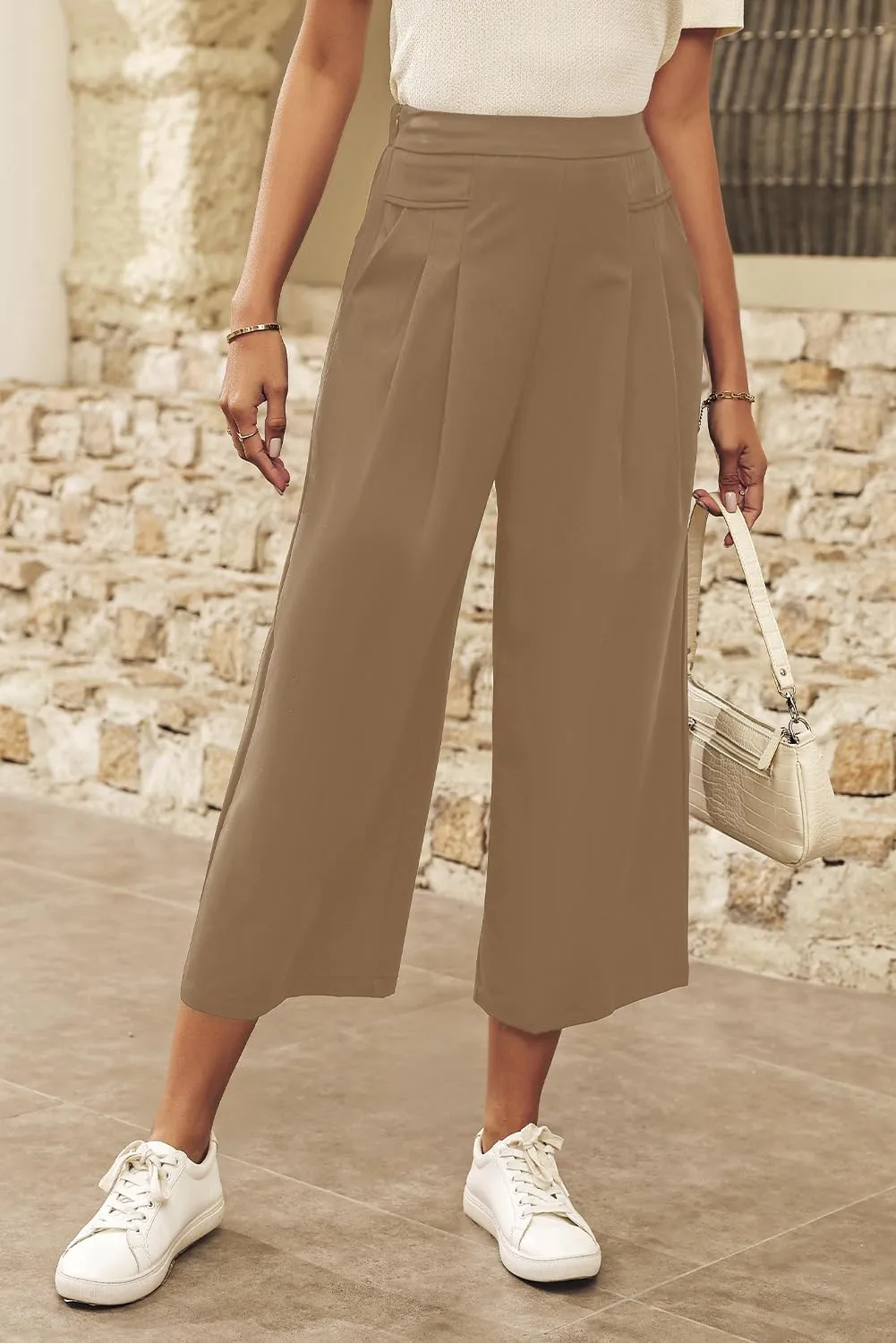 Dokotoo Womens Wide Leg Cropped Suit Pants Work Business Palazzo Summer Pleated Waisted Side Zipper Up Trousers with Pockets