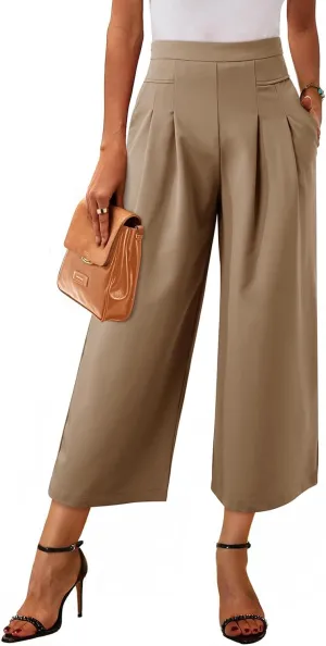 Dokotoo Womens Wide Leg Cropped Suit Pants Work Business Palazzo Summer Pleated Waisted Side Zipper Up Trousers with Pockets