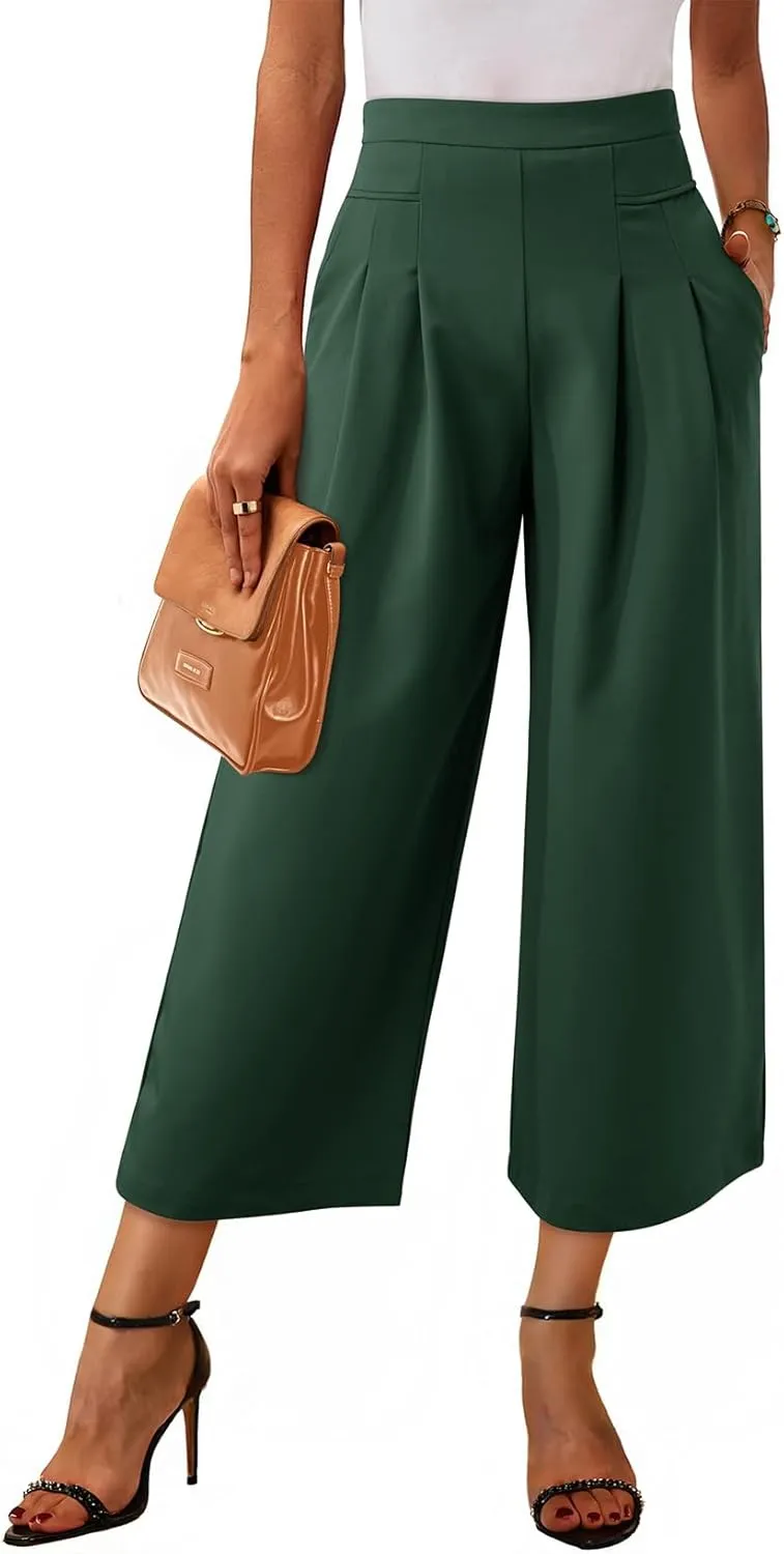 Dokotoo Womens Wide Leg Cropped Suit Pants Work Business Palazzo Summer Pleated Waisted Side Zipper Up Trousers with Pockets