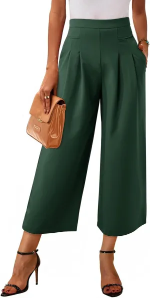Dokotoo Womens Wide Leg Cropped Suit Pants Work Business Palazzo Summer Pleated Waisted Side Zipper Up Trousers with Pockets