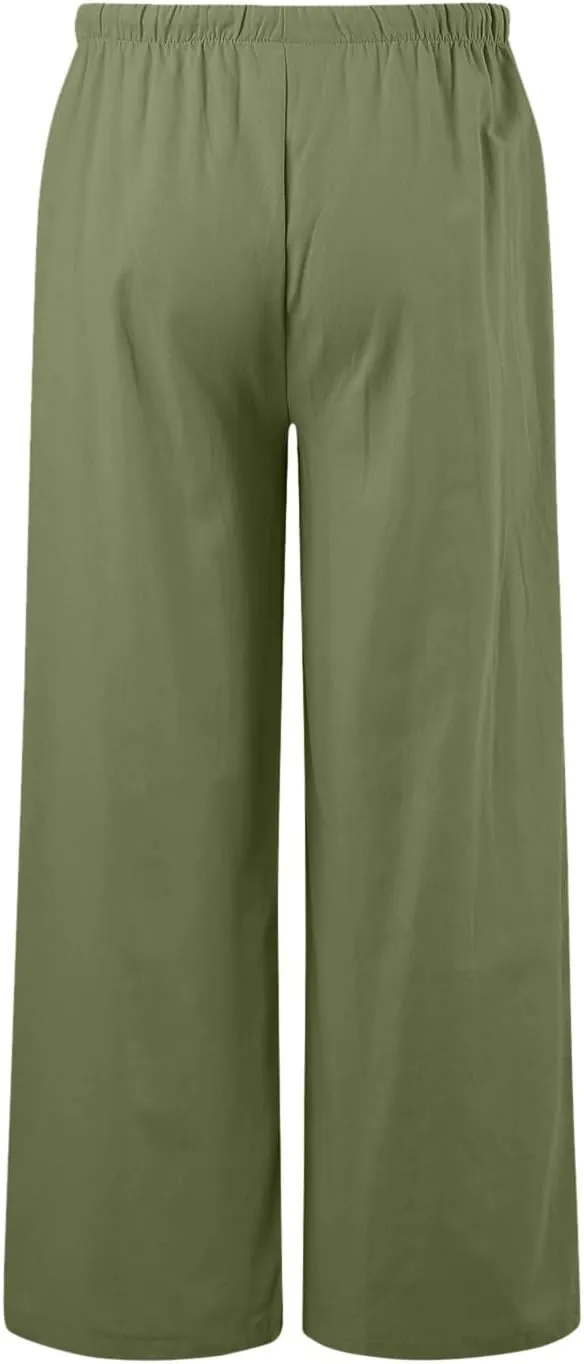 Drawstring Pants Women Straight Leg Summer Breathable Wide Leg Casual Comfy High Waist Palazzo Trousers with Pocket