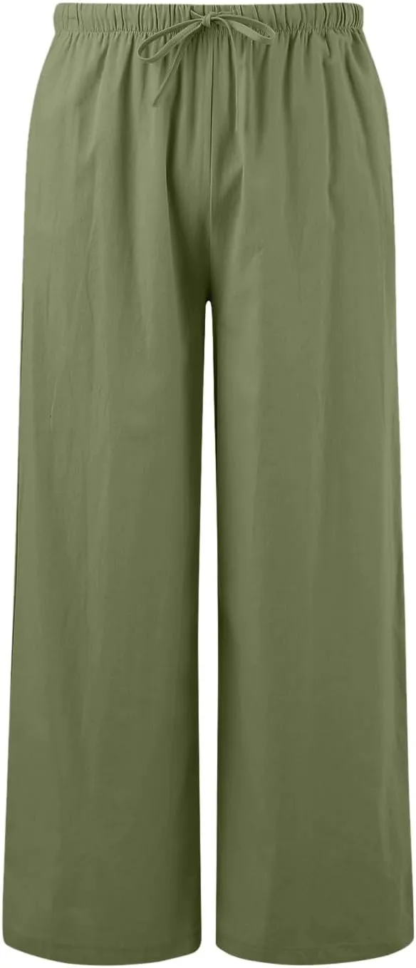 Drawstring Pants Women Straight Leg Summer Breathable Wide Leg Casual Comfy High Waist Palazzo Trousers with Pocket