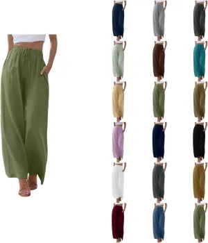Drawstring Pants Women Straight Leg Summer Breathable Wide Leg Casual Comfy High Waist Palazzo Trousers with Pocket