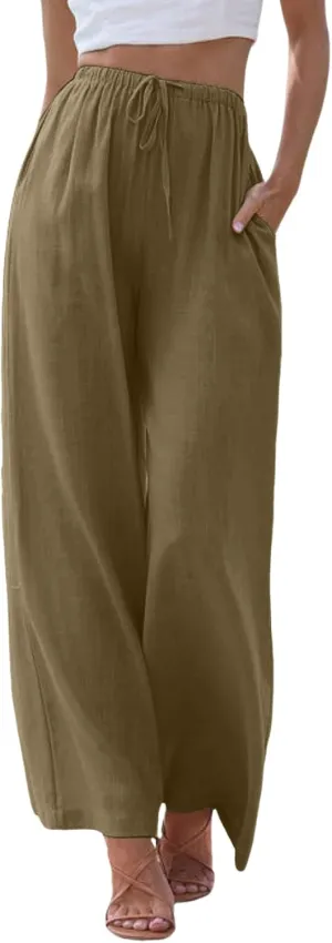Drawstring Pants Women Straight Leg Summer Breathable Wide Leg Casual Comfy High Waist Palazzo Trousers with Pocket